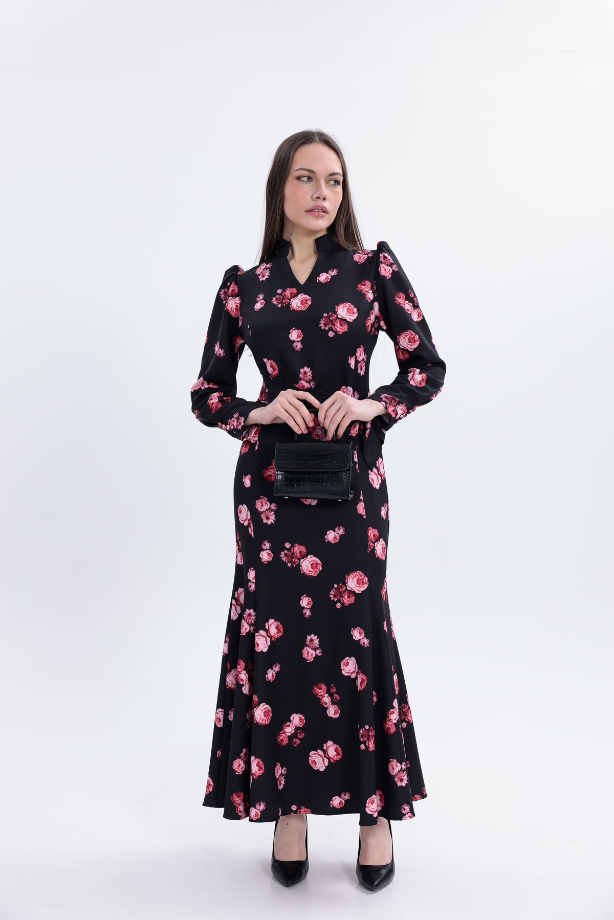 uzun dokuma kumaş elbise